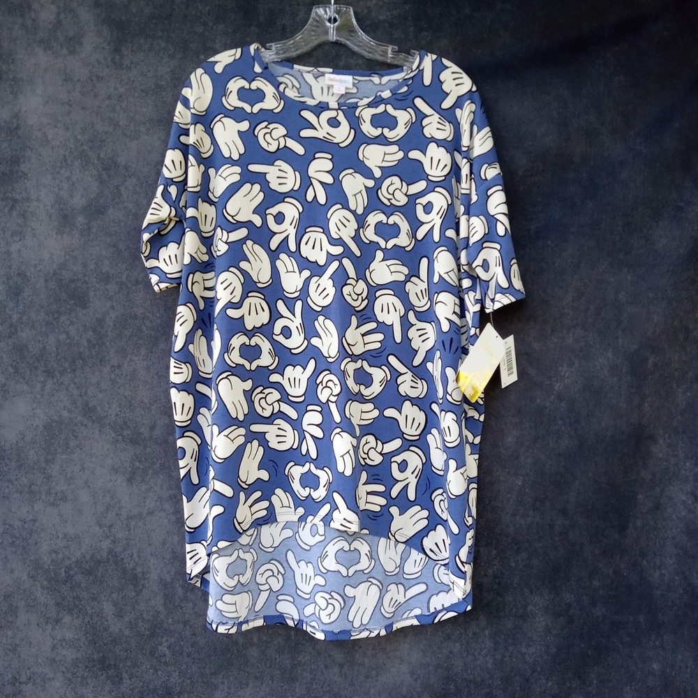 LuLaRoe Disney‎ Irma Tunic Top Mickey Mouse Hands Blue NWT Size Small